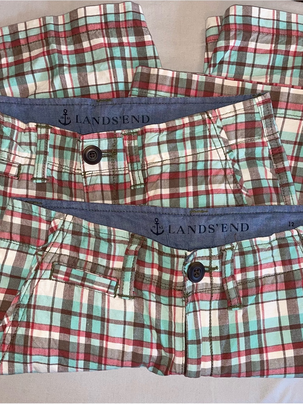 Lands' End Boys Plaid Cotton Shorts - Aqua, Brown & Red sz 12 & 14 FREE SHIP